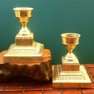 Pair Of Vintage Weighted Brass Candlestick Holders Square Base 5.25"x4"x4"